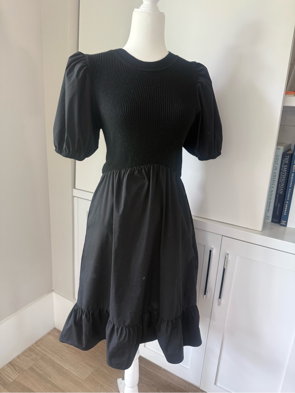 Lucy Paris Black Puff-Sleeve Midi Dress